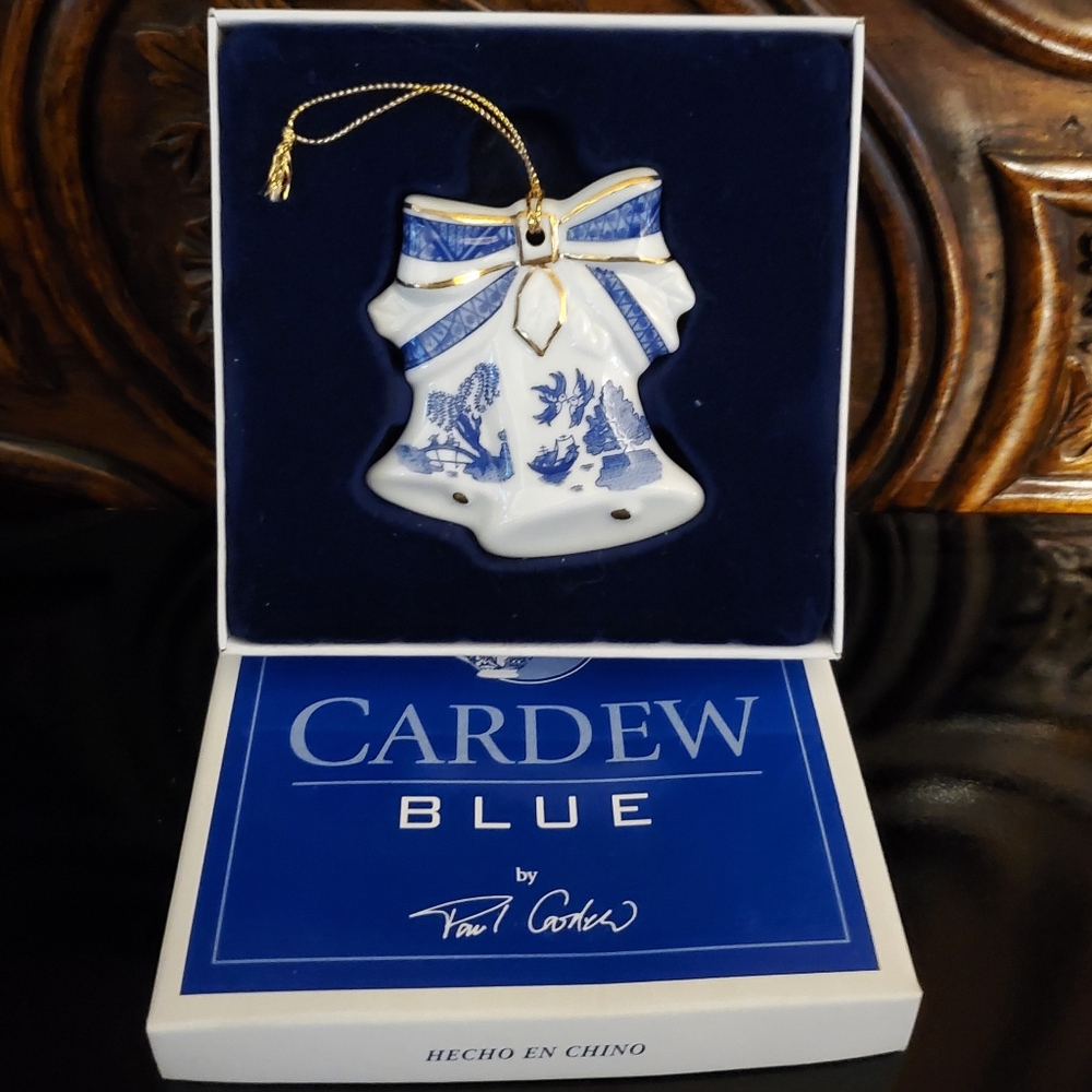 1999 Porcelain Cardew Blue 3" Bells Ornament Gold Accent Boxed